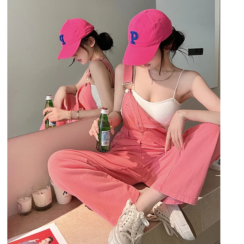 Vintage Cotton Elegant Pink Denim Jumpsuit Women Sleeveless Fashion Hipster Casual High Street Wide Leg Overalls Outfits Romper