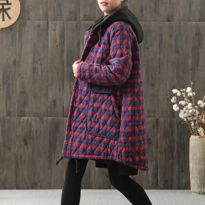vintage Women Hooded Plaid Parkas Vintage Button Coats Loose 2021 Autumn Winter New Pockets Female Casual Warm Parkas Coats