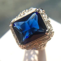 fashion palace style big blue square cubic zircon finger ring craved hollow geometric flower pattern for women wedding jewelry