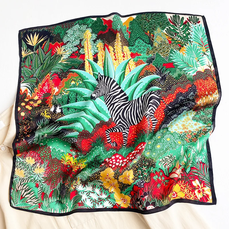 

Luxury Women Silk Scarf Forest Zebra 53cm Small Square Scarf 100% Pure Silk Handkerchief Ladies Office Professional Neckerchief