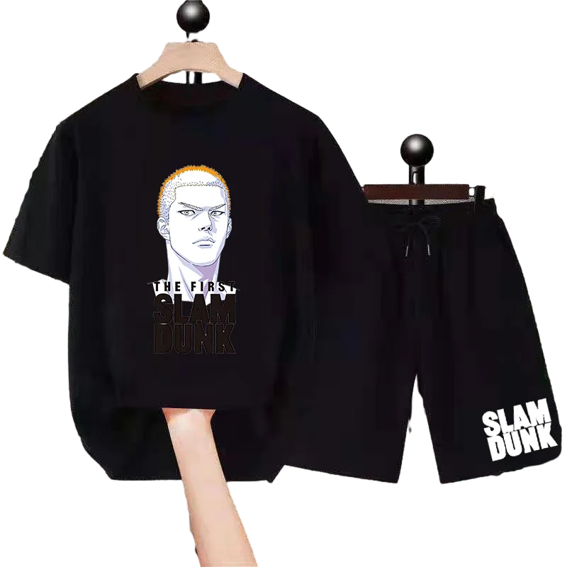 Japanese Anime Character Sportswear for Mens Workout, Slam Dunk Print Pure Cotton T-shirt and Shorts 2 Piece Set.