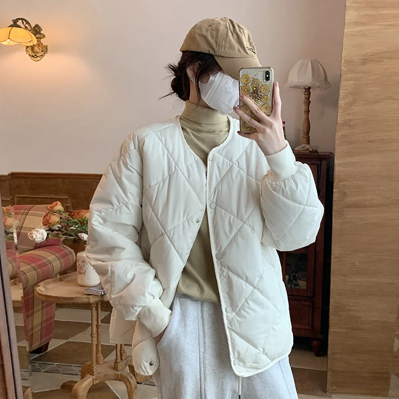 

Новинка весна-осень 2023, пуховое хлопковое пальто, женское короткое, легкое, без воротника, хлопковое пальто в клетку со стразами, повседневная верхняя одежда