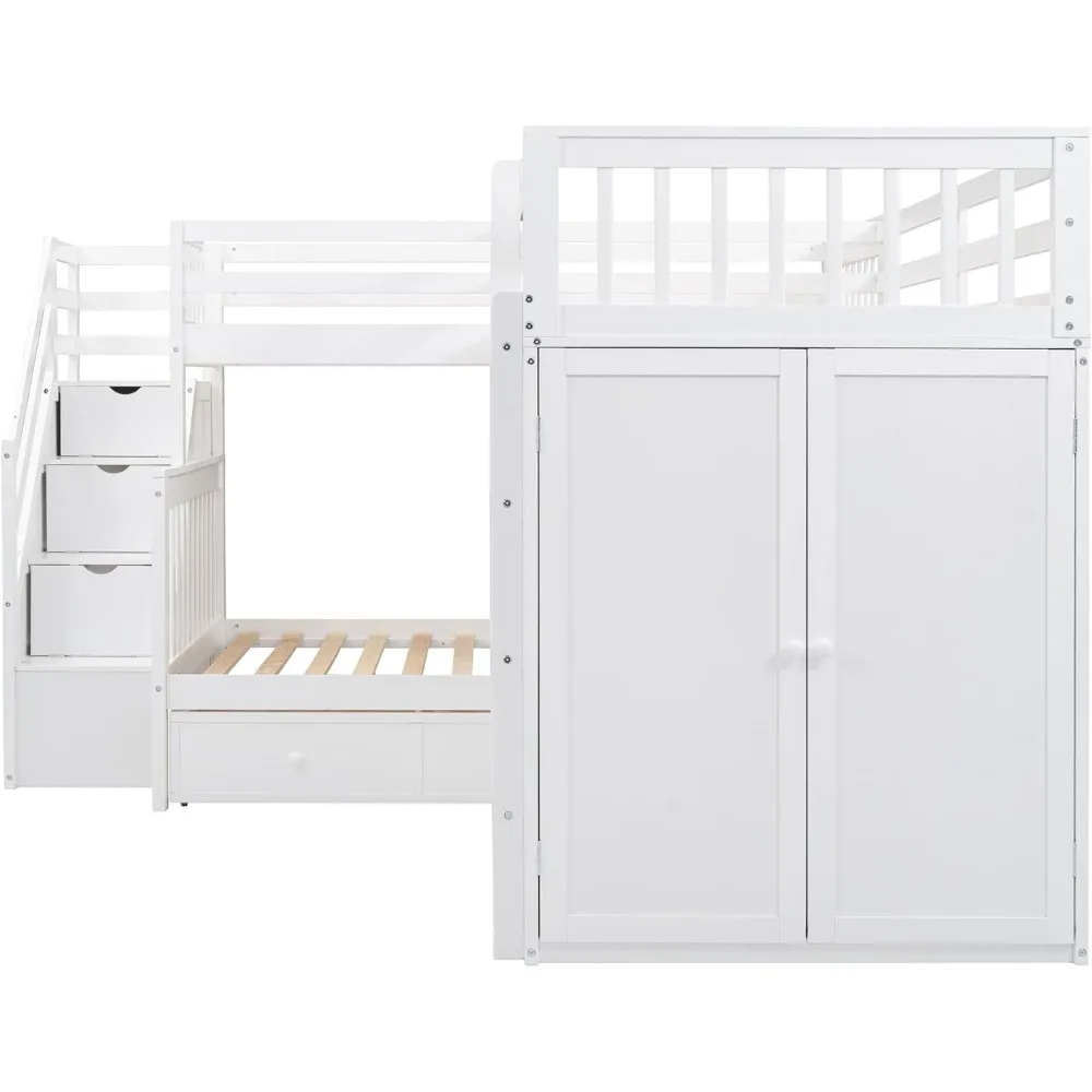 L-образная тройная двухъярусная кровать со столом и лестницей с двумя