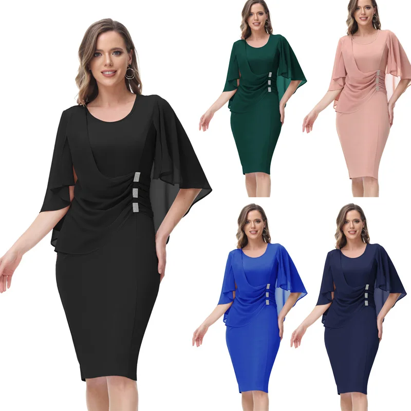 

Women Chiffon Overlay Decorated Dress Crew Neck Back Slit Bodycon Moderately Stretchy Hidden Zip Evening Party Dress