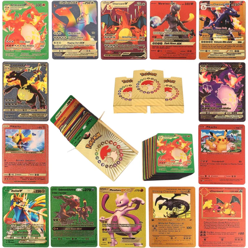 

New TAKARA TOMY Colourful Pokemon English Gold Foil Karty Pikachu Flaming Dragon Card Children's Collection Toy Christmas Gifts