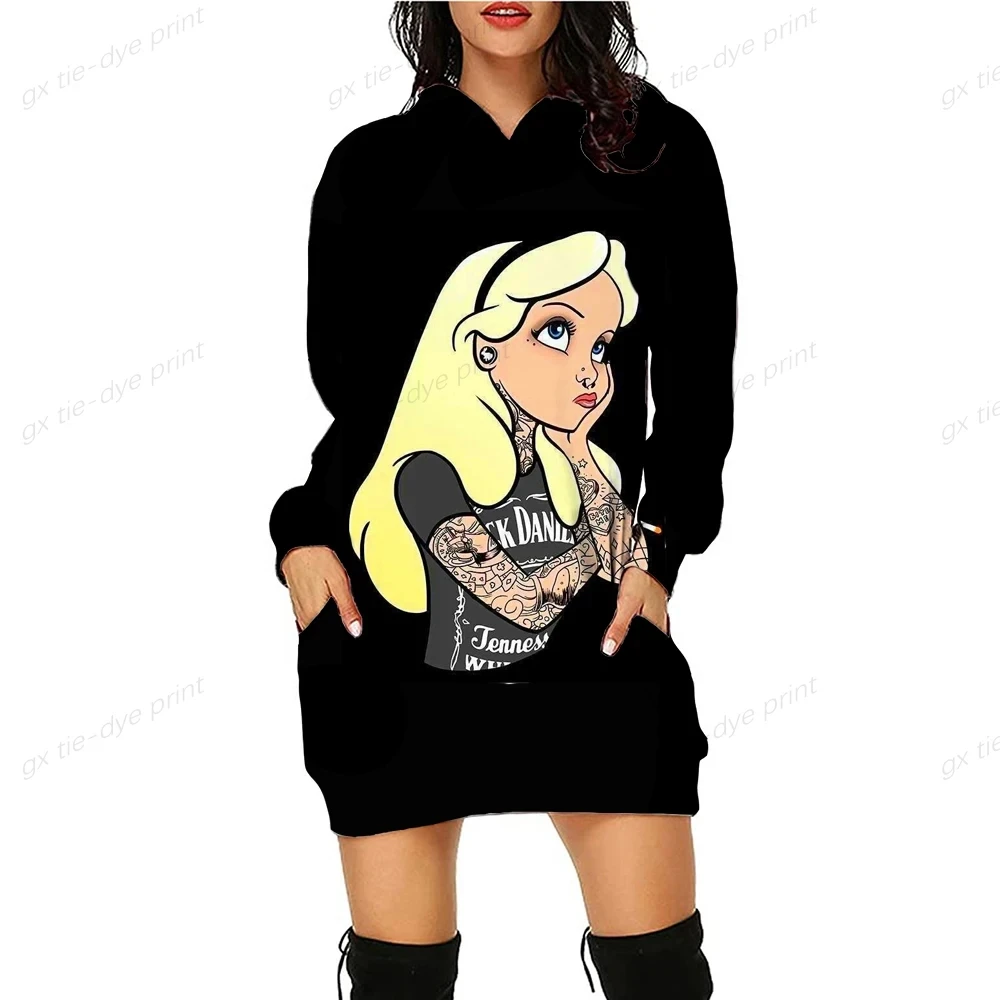

Disney Gothic Design Cool Princess Autumn Women Hoodie Dress Fashion Sweatshirt Dresses for Women Pocket Hooded Casual Dress