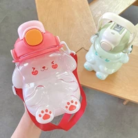 kawaii rabbit straw water bottle for girls school summer cute kids double drinking plastic cup with strap handle large bottles