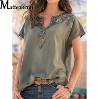 summer fashion retro western ethnic style top 2022 new sexy v neck casual print stitching short sleeved loose t shirt