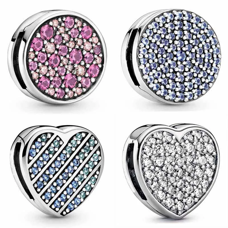 

Reflexions Blue Pave Heart Pink Elegance Clip Lock Charm 925 Sterling Silver Beads Fit Europe Bracelet Bangle DIY Jewelry