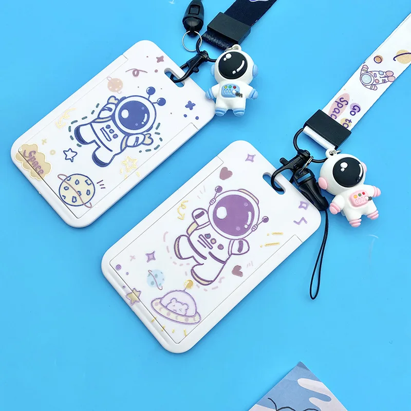 Slide-out Badge Holder with Lanyard Cute Cartoon Pendant Astronaut ID Card Work Bus Card Holder School Office Business Supplies