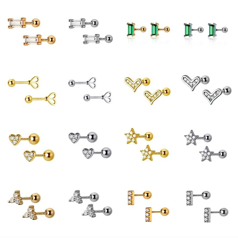 

SOFTPIG Real 925 Sterling Silver Zircon Heart Star Moon Thread Beads 14K Gold Stud Earrings For Fashion Women Cute Fine Jewelry