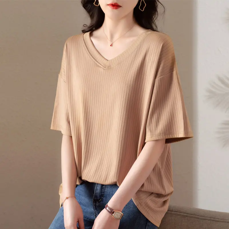 

Short Sleeve Women's T-shirt Summer Ice Silk Loose V-Neck Casual Pullover Solid Patchwork Screw Thread Fashion Tops