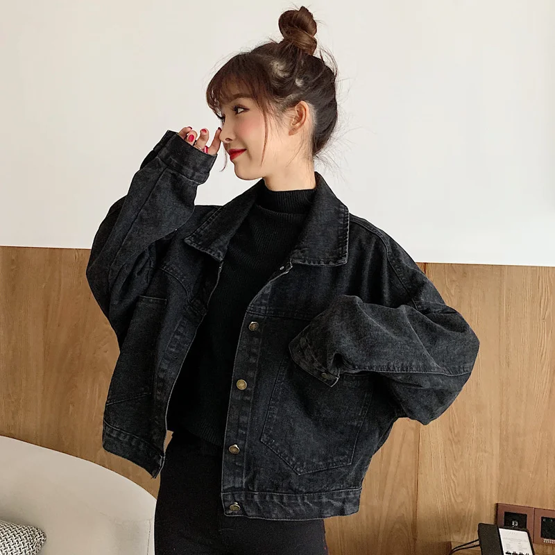 

Модная укороченная джинсовая куртка большого размера в стиле ретро, женская одежда, осень-зима, черные корейские свободные пальто со вкусом...