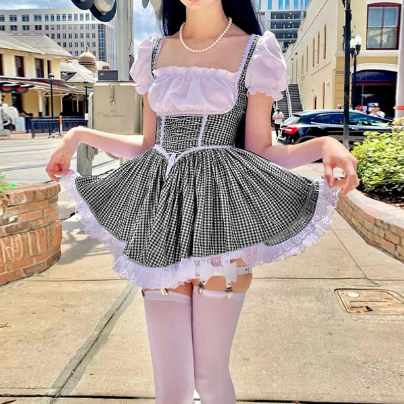 

Gothic Y2K Sexy Blue Plaid Croset Dress Goth Punk Fairy Grunge Puff Sleeves Lace Tirm Mini Dresses E Girl Aesthetic Lolita Dress