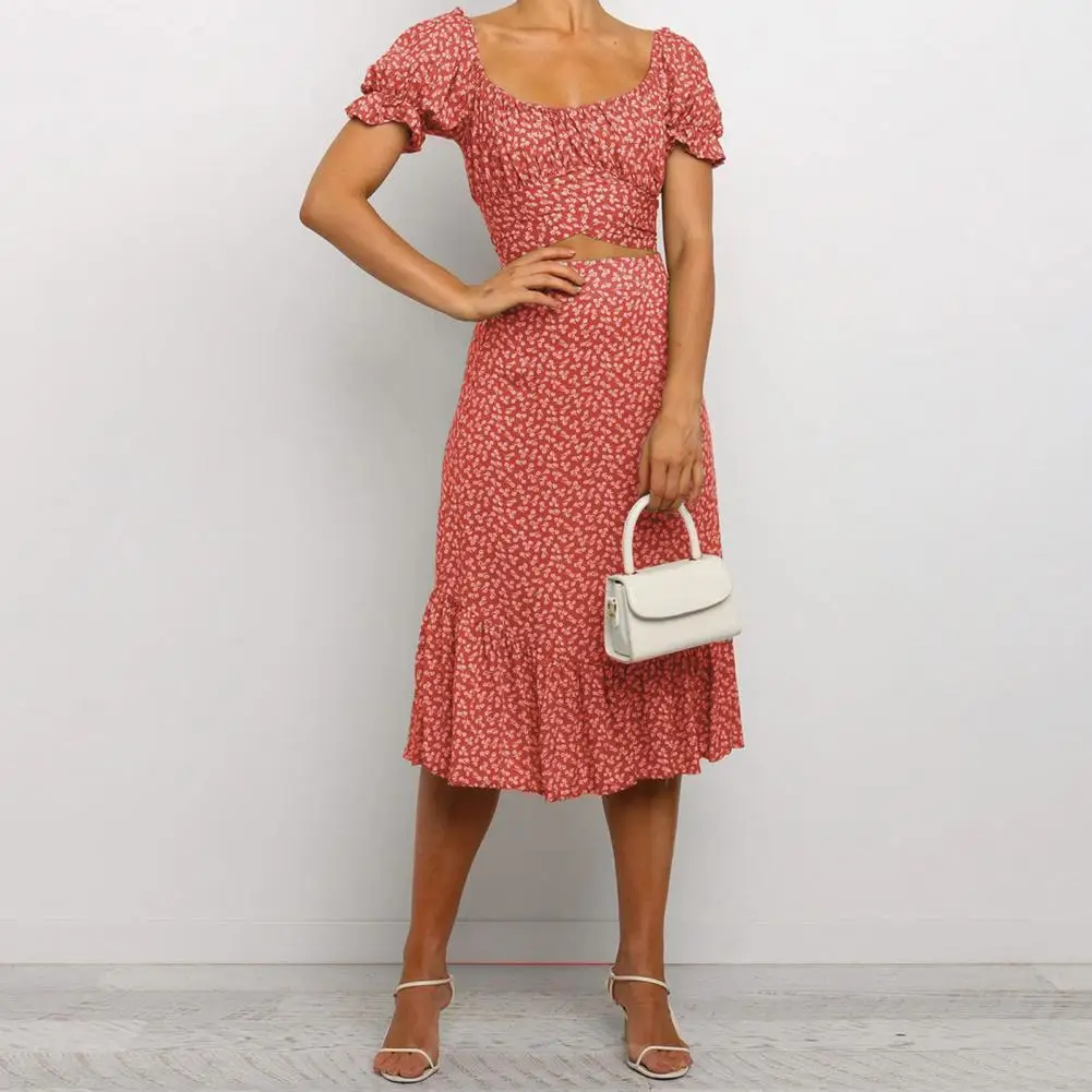 

2 Pcs/Set Tops Skirt Suit Sweet Refreshing Lace Up Round Neck Short Sleeves Flower Print Flower Print Blouse Skirt Set vestido