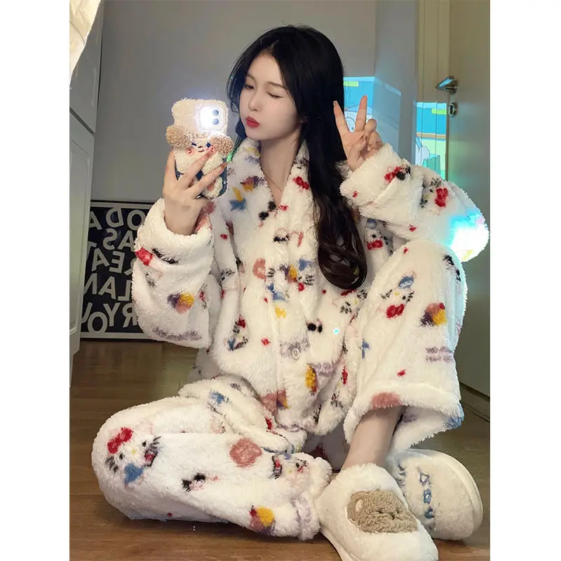 

Hello Kittys Y2K Pajamas Female Sanrios Autumn Winter Anime Fleece Thicken Student Kawaii Can Be Worn Outside Tracksuit Set