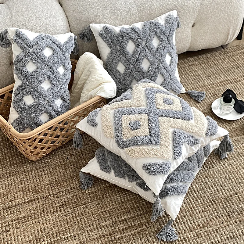 

Gray Cushion Cover Bohemian Style Pillow Case 45x45 Tufted Tassels Pillow Cover Geometric Waist Pillowcase Room Home Decor