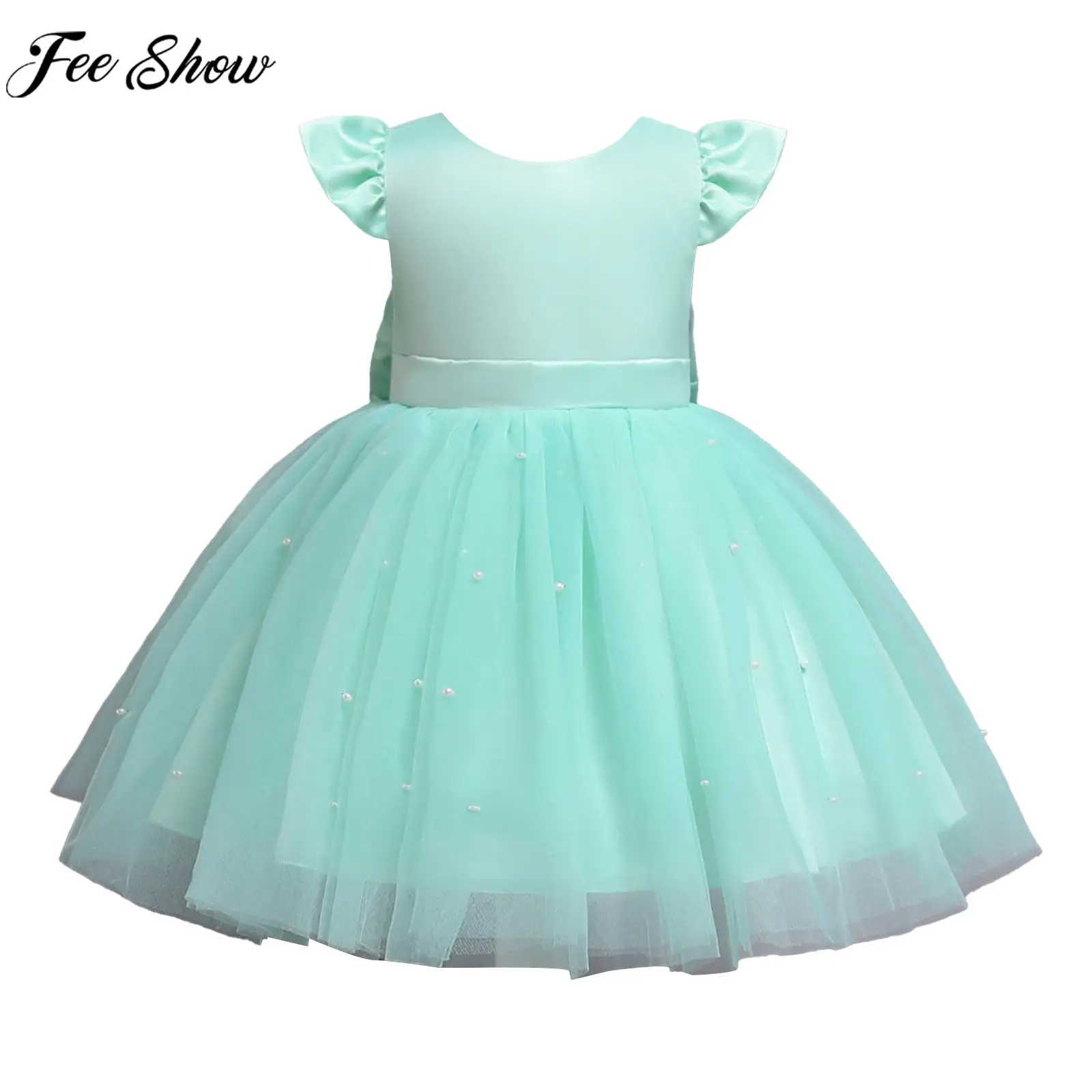 

Kids Wedding Flower Girl Dress Elegant Bowknot Beaded Tulle Princess Party Dresses Gown for Christening Birthday Evening Prom