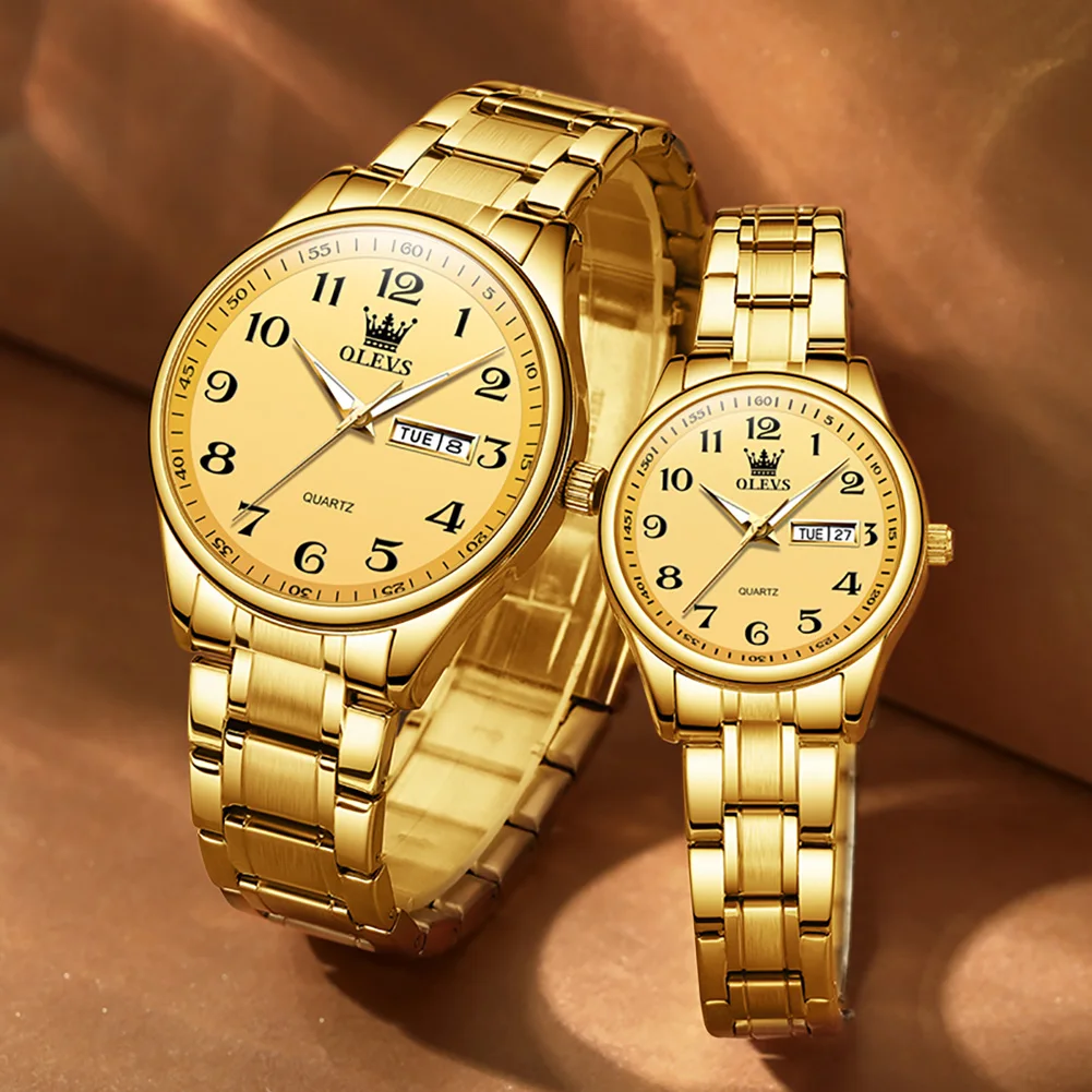 OLEVS 2023 New Luxury Stainless Steel Lover Watches Fashion Gold Quartz Watch for Men and Woman Couple Watch Lover's Wristwatch