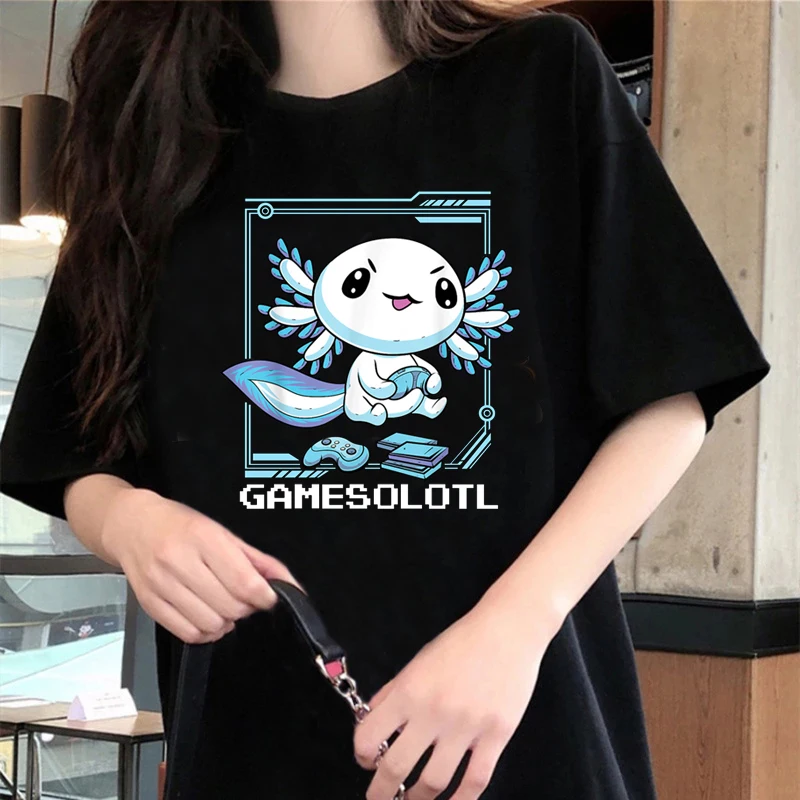 

Kawaii Cartoon Gamesolotl Gamer Women T Shirt Axolotl Summer Tops Graphic Tees Hip Hop Unisex Grunge Aesthetic Tshirt Female