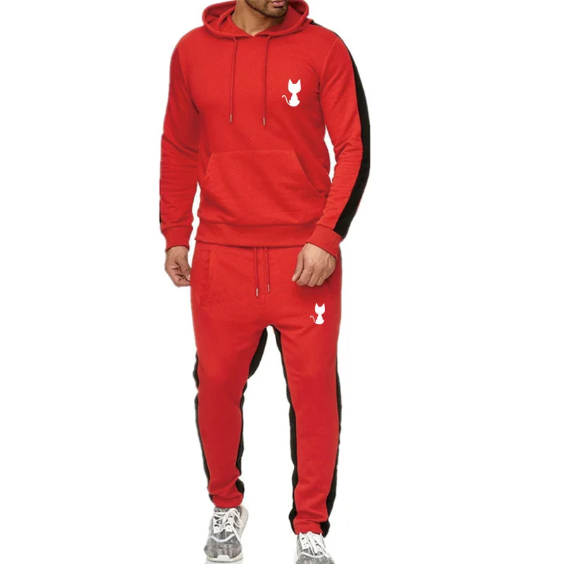 Striped Men's Sweatshirt Set Hoodies And Sports Pants Two Pieces Cute Kitten Print Spring Autumn Casual Style