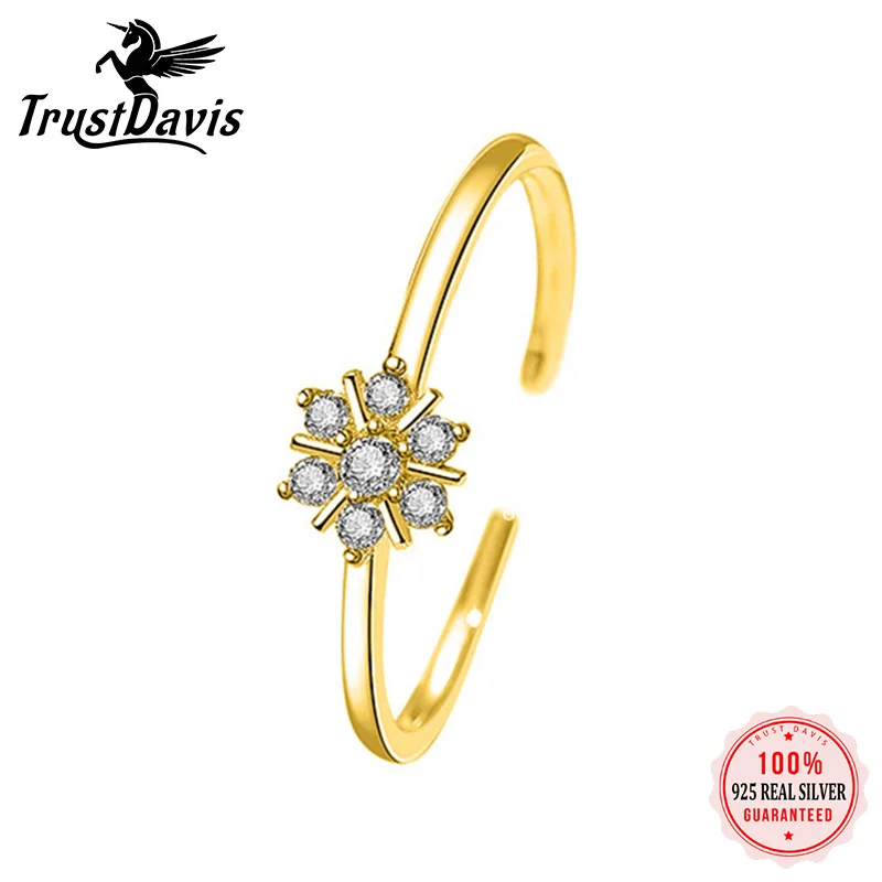 

TrustDavis Real 925 Real Sterling Silver Fashion Sweet Flower Shiny CZ Cocktail Ring Sizable For Women Party Fine Jewelry XY859