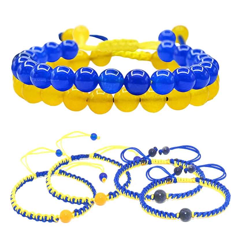 

Natural Stone Blue Yellow Ukrainian Adjustable Handmade Braided Rope Wrist Chain Good Luck Woven Beaded Couple Charm Bracelets