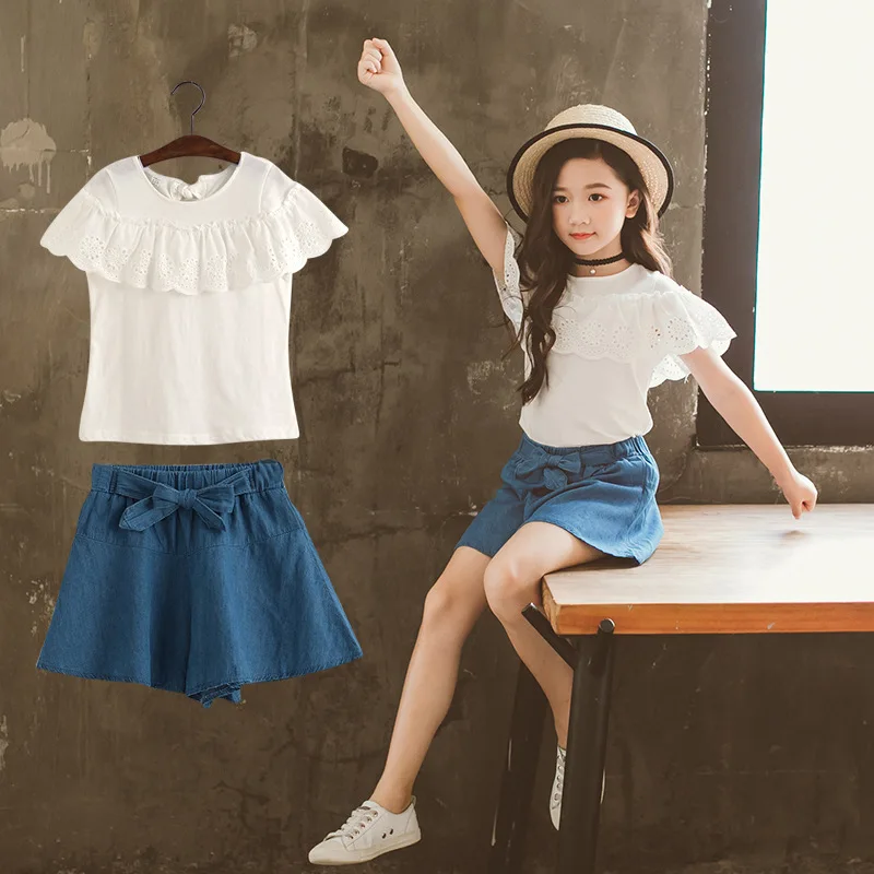 Children Denim Clothing Girls Clothing Sets Summer Fashion White T-shirt Casual Shorts Sets 4-14 Years Kids Clothing Teenager