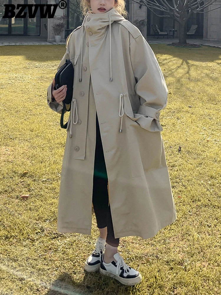

BZVW Cargo Style Temperament Mid-length Trench For Women Loose Hooded Versatile Vintage Windbreaker Female 2023 New Tide 25X0706