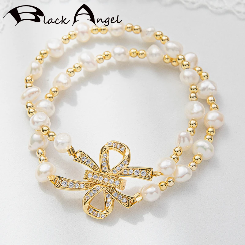 

BLACK ANGEL New Double Layer Bowknot Buckle Bracelet For Women Natural Freshwater White Pearl Bracelets Party Jewelry Wholesale