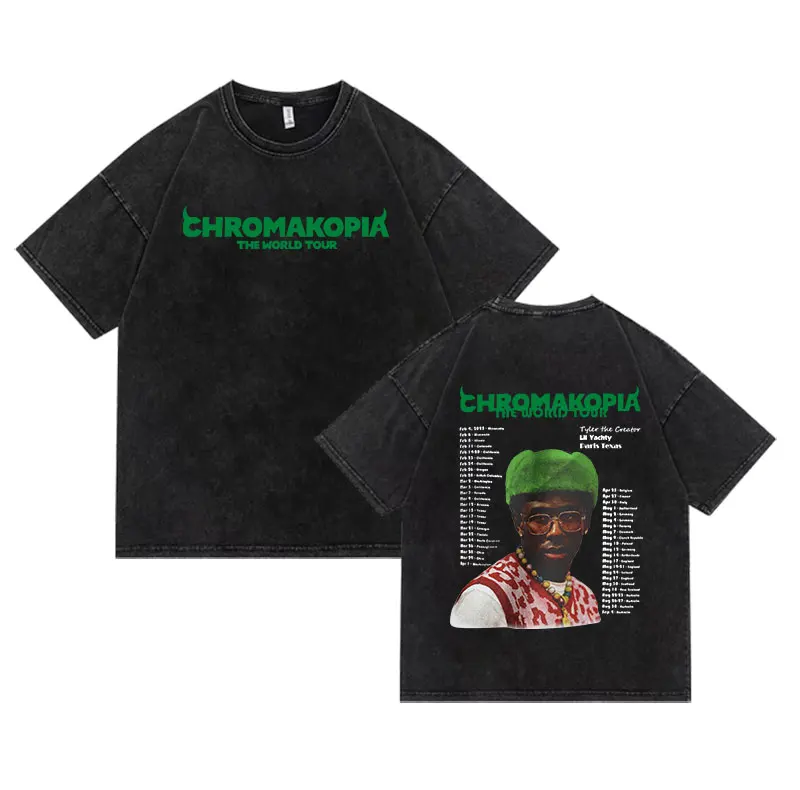 Vintage Washed Tyler The Creator Chromakopia Tour 2025 T Shirts Unisex Hip Hop Gothic Short Sleeve T-shirt Y2k Men's Streetwear