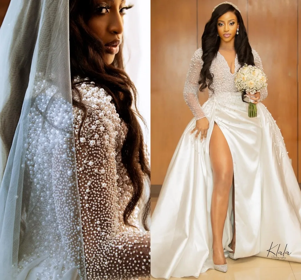 

2022 Plus Size Saudi Arabic Dubai Sparkly Luxurious Wedding Bridal Dress Pearls Sheer V-Neck Bride Gown New Robe de Mariage