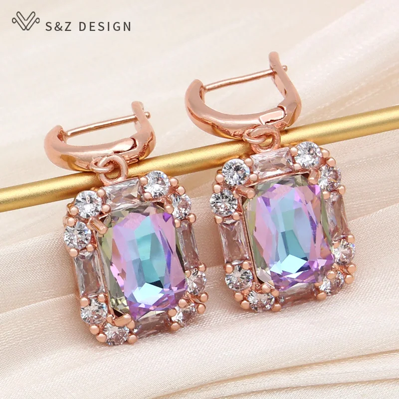 

S&Z DESIGN New Fashion 585 Rose Gold Color Rectangle Crystal Drop Earrings For Women Wedding Jewelry Cubic Zirconia Eardrop Gift