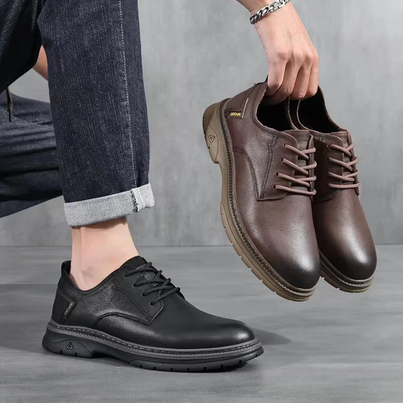 

Мужские брендовые ботинки со шнуровкой, коричневые повседневные ботинки из натуральной кожи с низким берцем, рабочая одежда на осень и зиму...