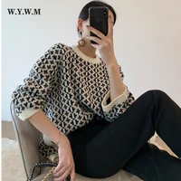 wywm loose o neck printed long sleeve knitted sweater women casual patchwork split harajuku pullover female vintage knitwear