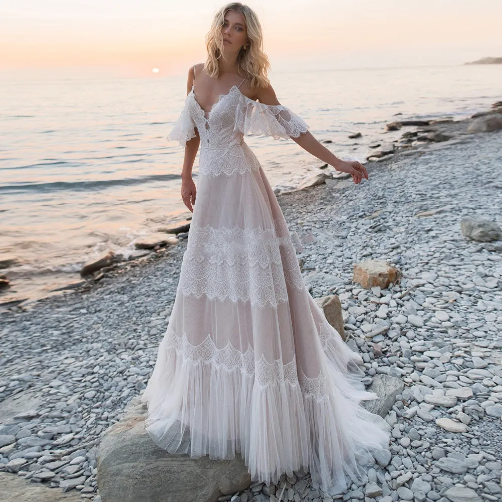 

Bohemian Wedding Dresses Tempting Nude Champagne V Neck Chic Sleeves Straps Ruffles Lace A Line Backless Bridal Gowns