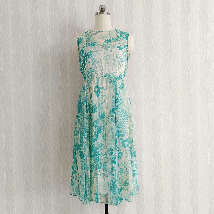 100% Silk Fabric Women Pleated Long  Dress  Blue Floral Printed  Sleeveless  Animal  High Quality Elegant Midi Retro Dresses