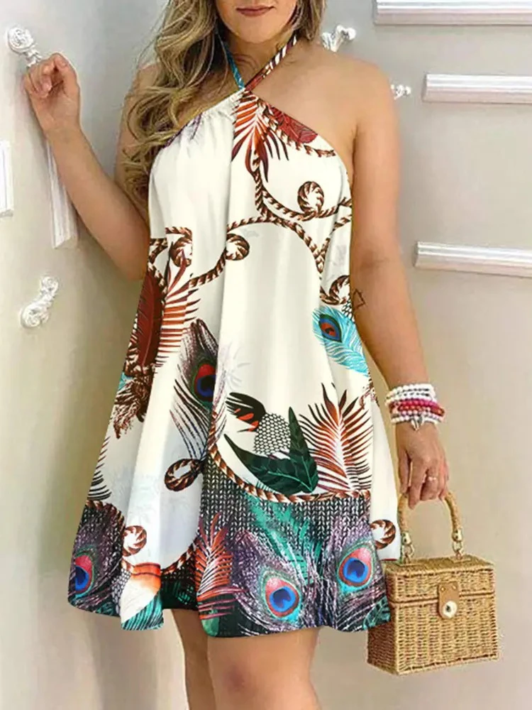 

Women Sexy Backless Boho Print Dress Sleeveless Halter Neck Casual Loose A-line Mini Dress 2022 Fashion Holiday Beach Dresses