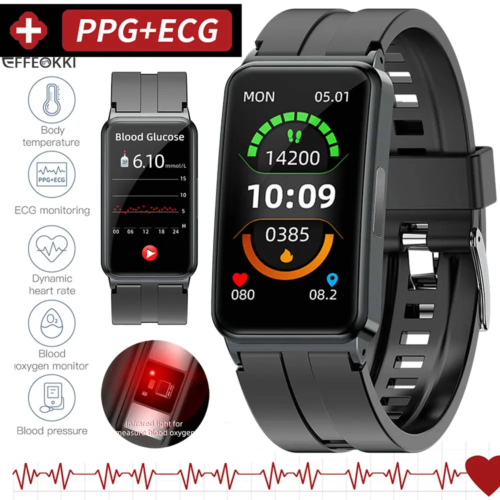 

EP01 Smartwatch Blood Glucose Sugar Monitor Smart Watch ECG PPG Heart Rate Blood Pressure Health Band Fitness Tracker Wristband