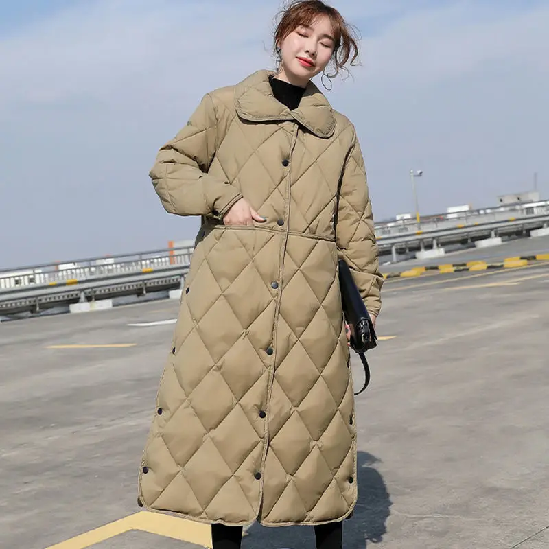 Autumn and Winter Fashion Long Section Plaid Casual Thick Down Jacket Women's Long-sleeved Jacket 2023 New Lapel Single-breasted