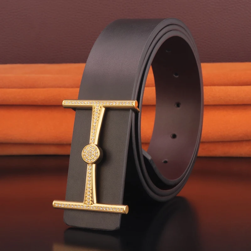 Best Selling Coffee Color 3.8cm Wide Belt Letter Slip Buckle Copper Belt Men's Leather Black Belt Personality High Quality