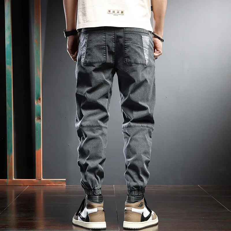 Fashion Jeans Men Pencil Pants Summer Black Patchwork Baggy Jean Streetwear Hip Hop Elastic Waist Drawstring Denim Trousers