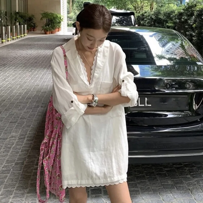 Lucyever женские белые длинные рубашки осенняя новинка Повседневная Свободная