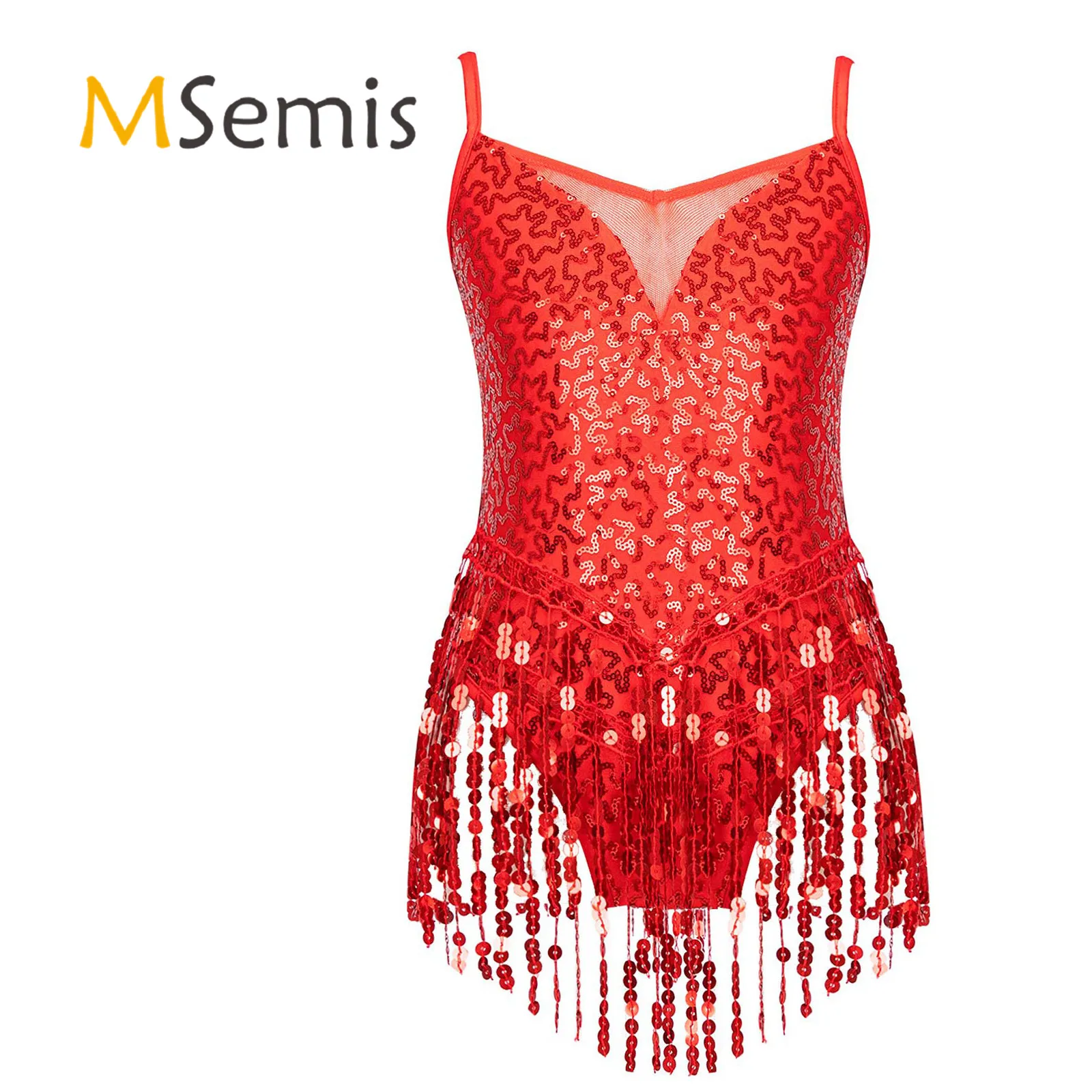 

Kids Girls Gymnastic Latin Dance Dress Sleeveless V Neckline Shiny Sequins Mesh Patchwork Tassel Hem Skating Dance Leotards