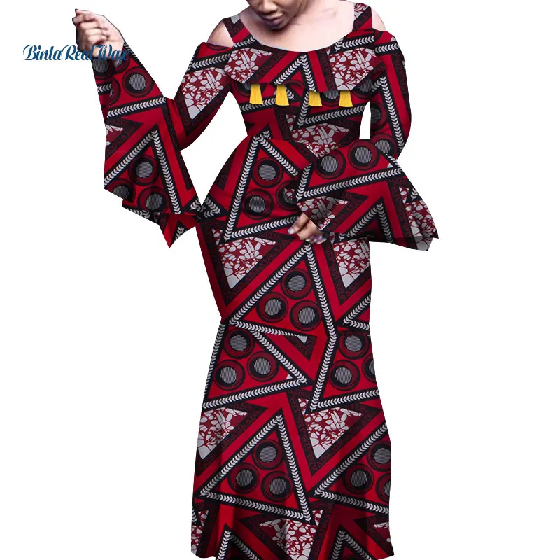Африканские платья для женщин с принтом Платья расклешенными длинными рукавами