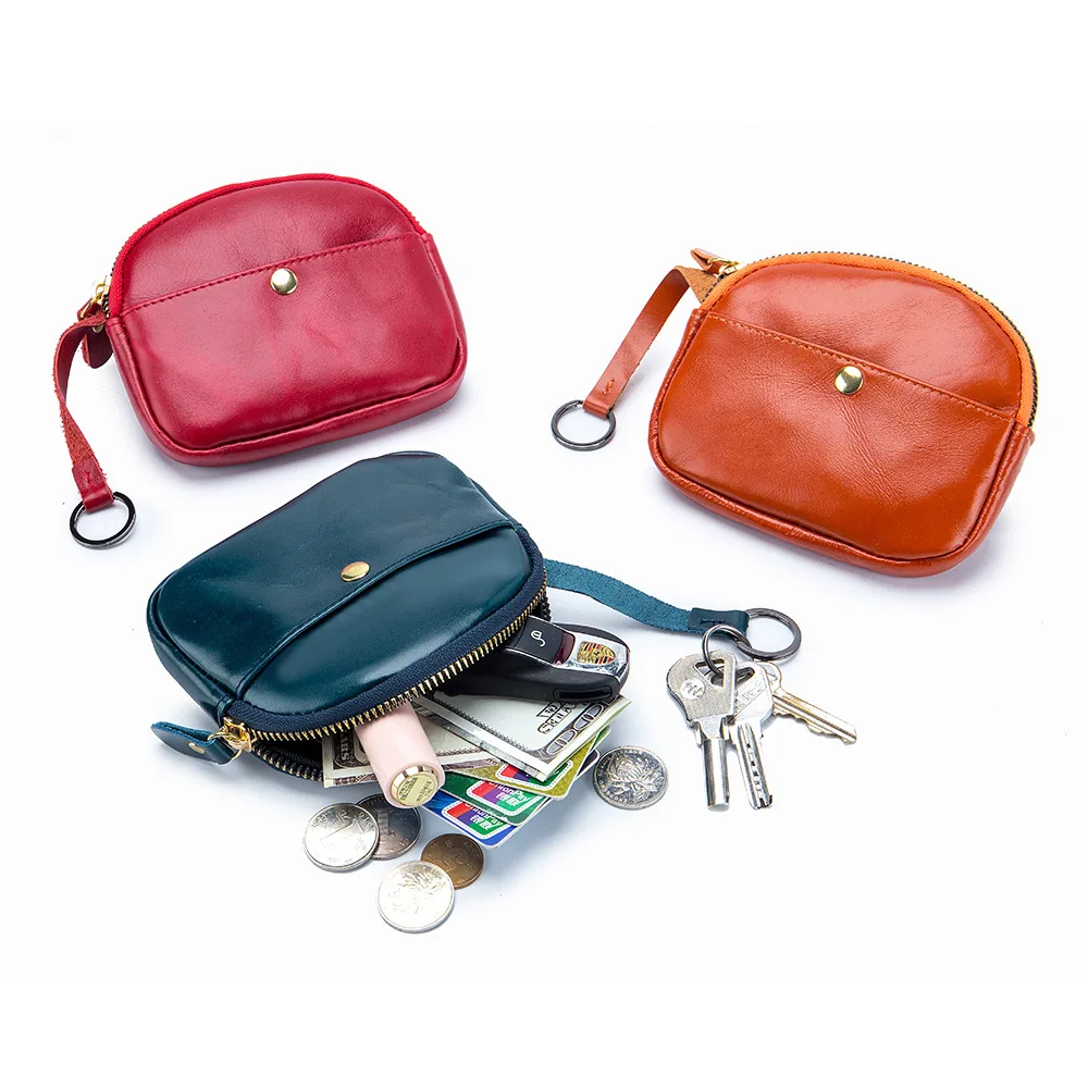 

New Style Coin Purses Female First Layer Oil Wax Leather Zipper Mini Car Key Wallets Women Credit Card Holder Purse Pouch Bag