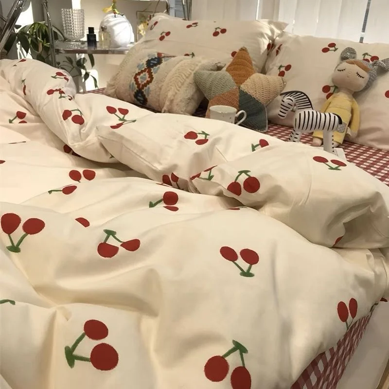 Ins Pink Flowers Bedding Set Flat Bed Sheet Duvet Cover Twin Full Queen Nordic Bed Linen Boy Girl Bedding Sets Flower Cherry images - 6