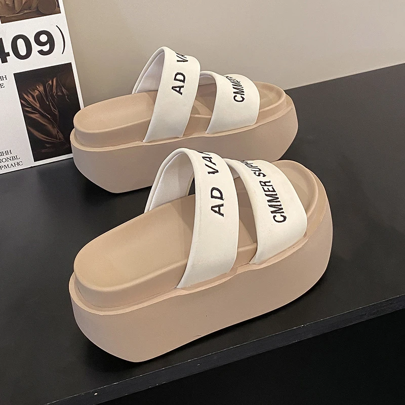Summer 2023 Chunky Sandals Women's Thick Bottom Wedge Heels Slides 8CM High Heels Platform Leather Casual Beach Flip Flops Woman