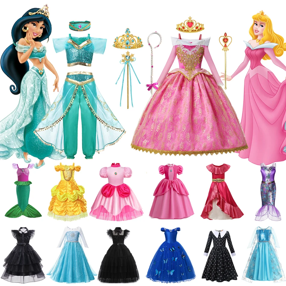 

Disney Jasmine Aurora Wednesday Princess Dress Elsa Peach Mermaid Kids Halloween Prom Vestidos Girls Cinderella Cosplay Costume