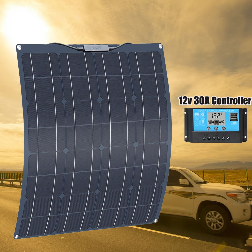 

100% Real 50W Solar Panel Flexible Solar Charger 12V Battery 10A 20A 30A Controller System for Home Car Boat Camper Roof Outdoor